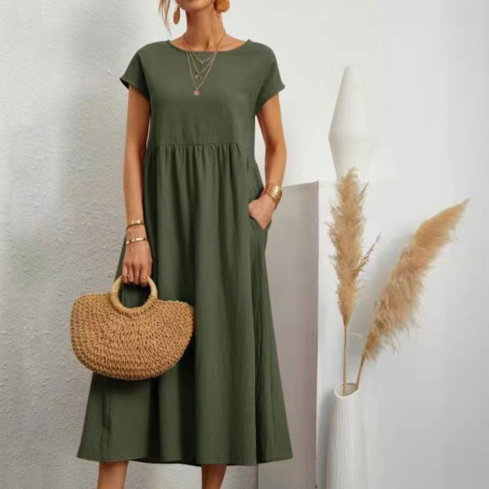 Variant image for Dam Klänning Midi Rundhals Bomull och Linne - Fina Dam Klänningar för Sommarens Evenemang-9