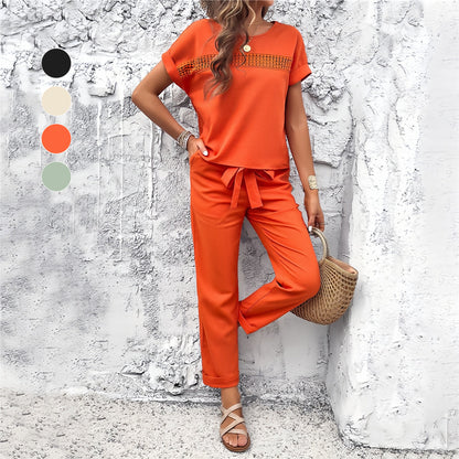 Kvinnors Avslappnat Set Kortärmad Topp och Byxor i Bomull-3