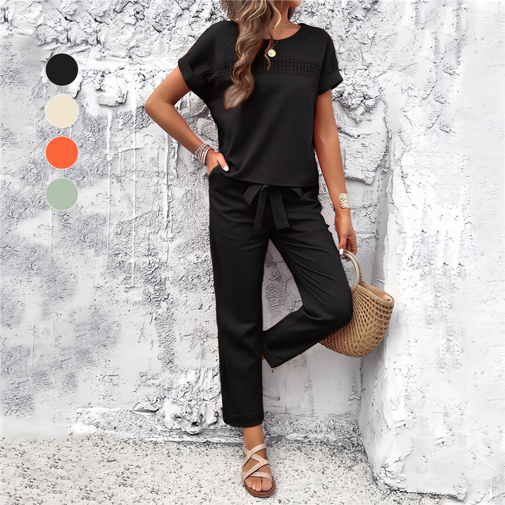 Kvinnors Avslappnat Set Kortärmad Topp och Byxor i Bomull-5