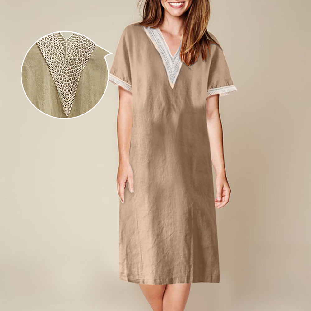Fina Dam Klänningar Halvlängd Ärmar V-ringning Bomull och Linne-5