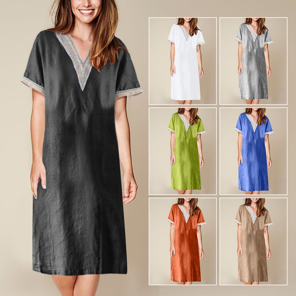 Fina Dam Klänningar Halvlängd Ärmar V-ringning Bomull och Linne-2