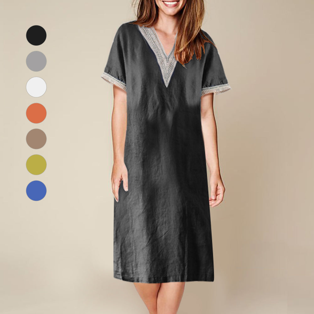 Fina Dam Klänningar Halvlängd Ärmar V-ringning Bomull och Linne-4