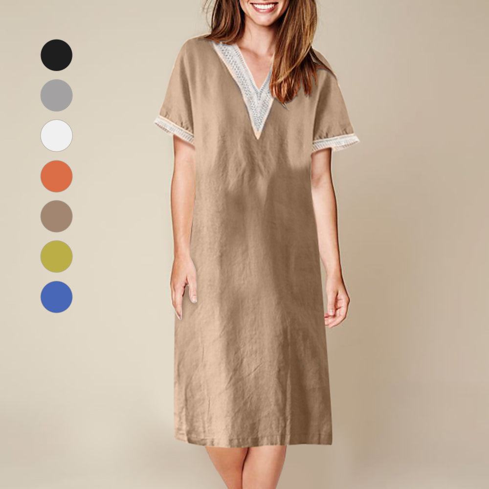 Fina Dam Klänningar Halvlängd Ärmar V-ringning Bomull och Linne-6
