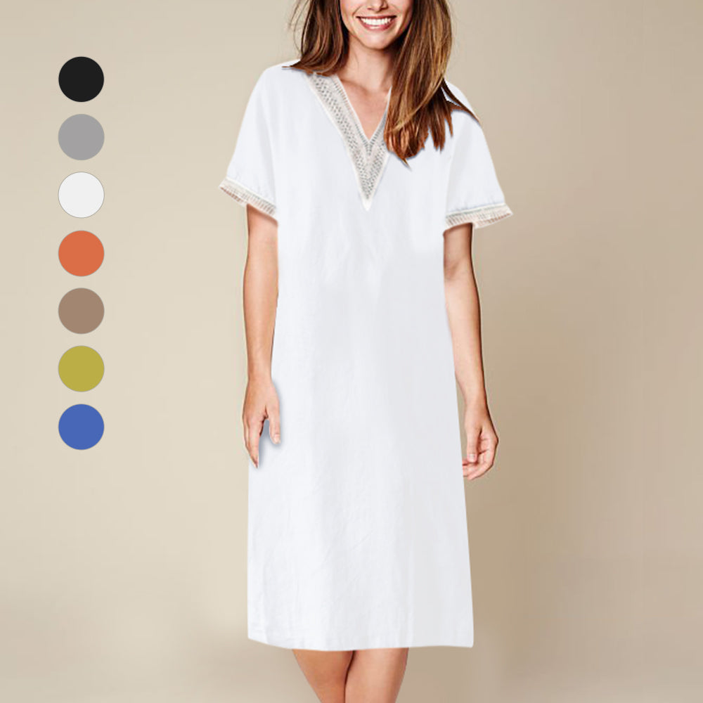 Fina Dam Klänningar Halvlängd Ärmar V-ringning Bomull och Linne-3