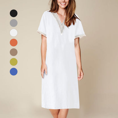 Fina Dam Klänningar Halvlängd Ärmar V-ringning Bomull och Linne-3