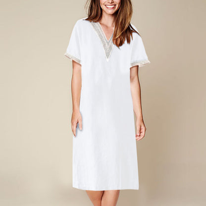 Fina Dam Klänningar Halvlängd Ärmar V-ringning Bomull och Linne-1
