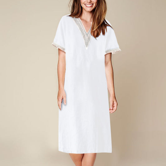 Fina Dam Klänningar Halvlängd Ärmar V-ringning Bomull och Linne-1