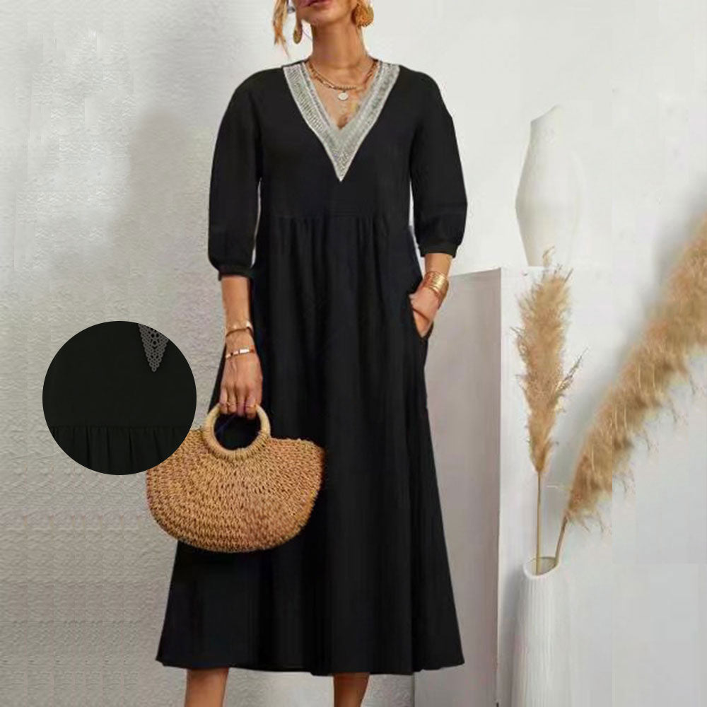 Damklänning 3/4 Ärmar Bomull och Linne V-ringning Avslappnad Passform-5