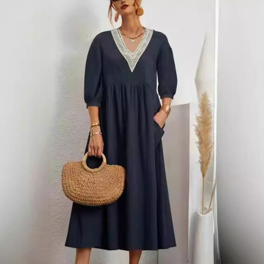 Variant image for Damklänning 3/4 Ärmar Bomull och Linne V-ringning Avslappnad Passform-16