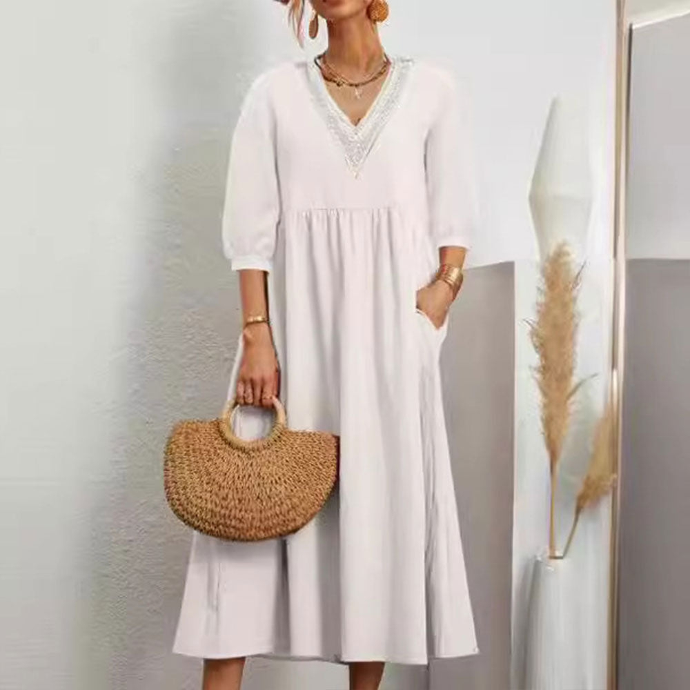 Variant image for Damklänning 3/4 Ärmar Bomull och Linne V-ringning Avslappnad Passform-6