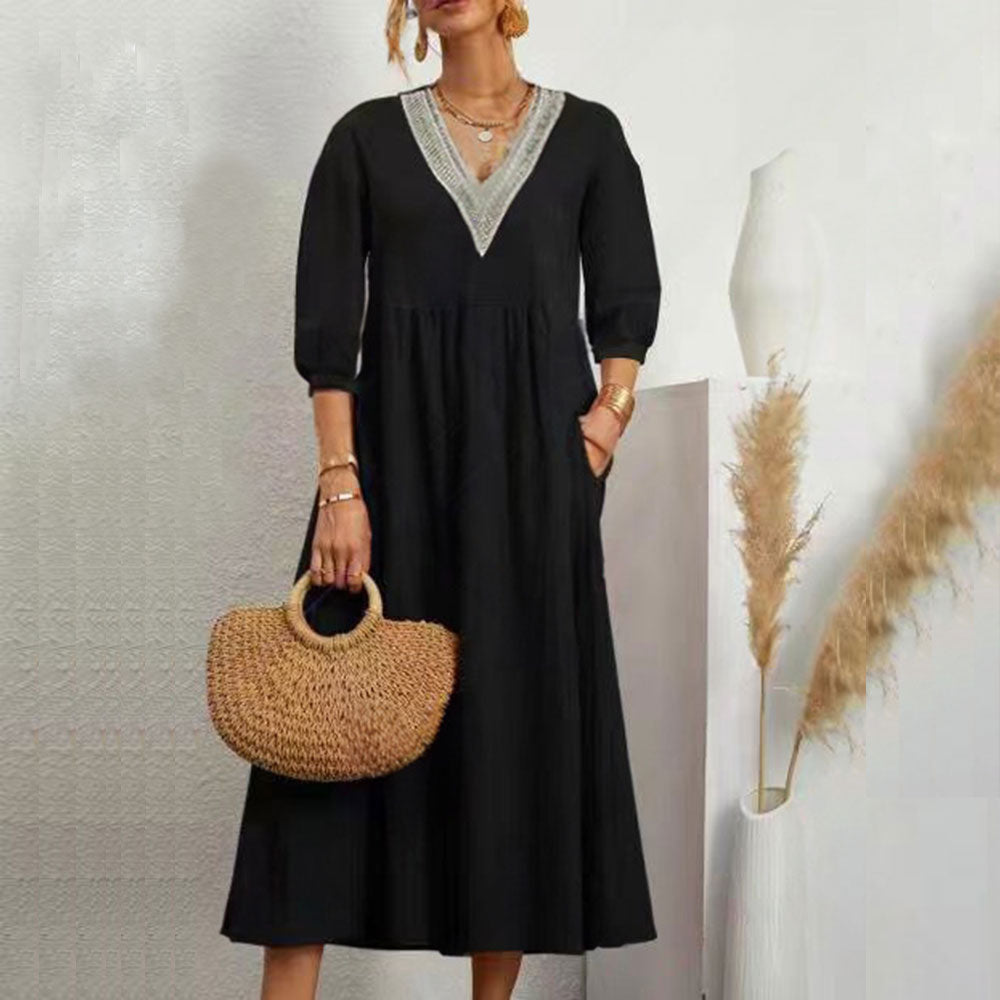 Variant image for Damklänning 3/4 Ärmar Bomull och Linne V-ringning Avslappnad Passform-11