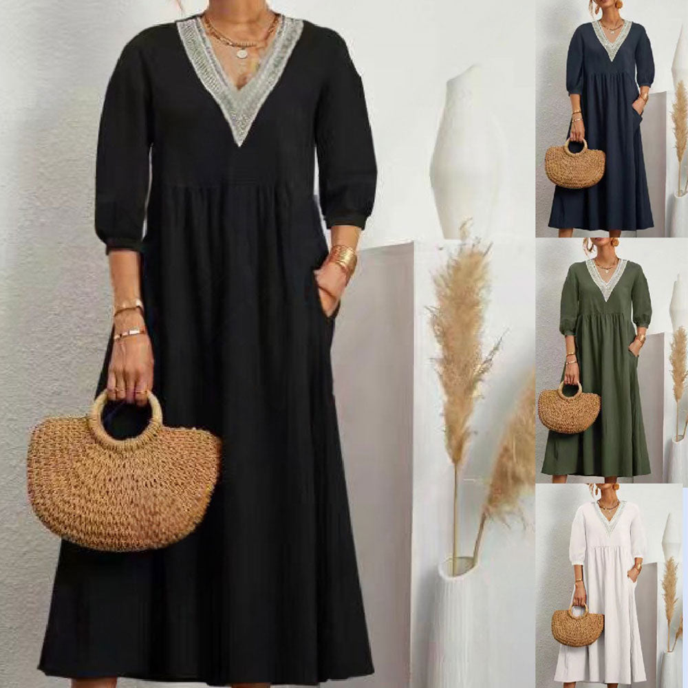 Damklänning 3/4 Ärmar Bomull och Linne V-ringning Avslappnad Passform-4