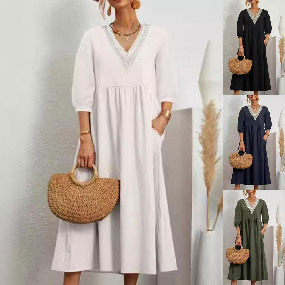 Damklänning 3/4 Ärmar Bomull och Linne V-ringning Avslappnad Passform-2