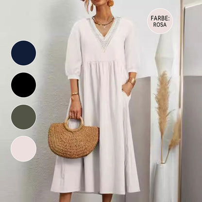Damklänning 3/4 Ärmar Bomull och Linne V-ringning Avslappnad Passform-3