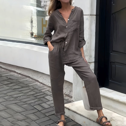 Kvinnors Skjorta och Byxor Avslappnad Bomull och Linne-1