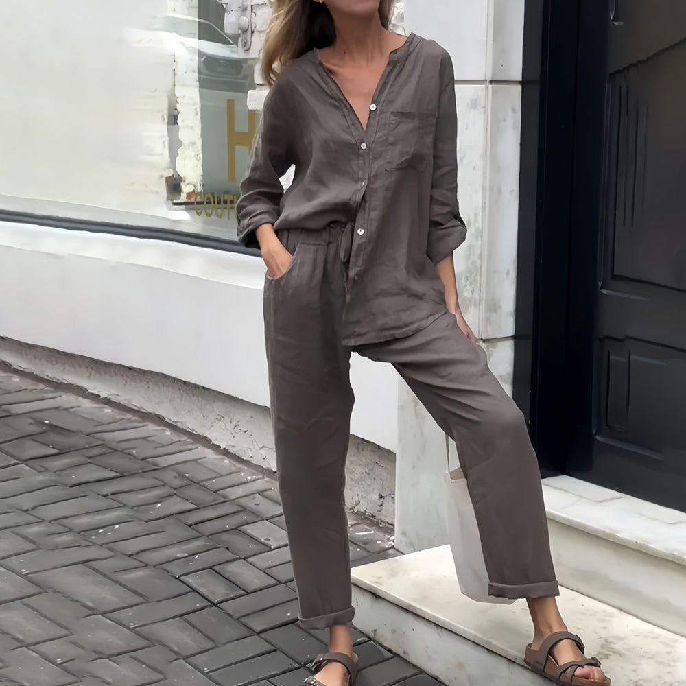 Variant image for Kvinnors Skjorta och Byxor Avslappnad Bomull och Linne-7