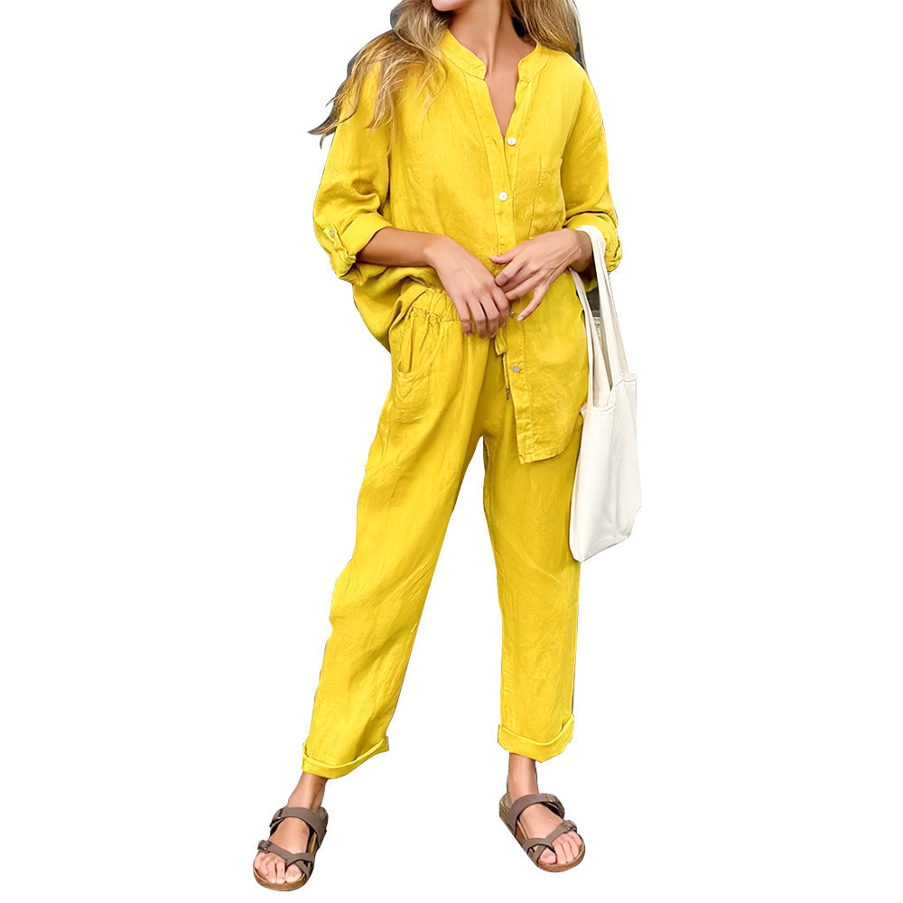 Kvinnors Skjorta och Byxor Avslappnad Bomull och Linne-6