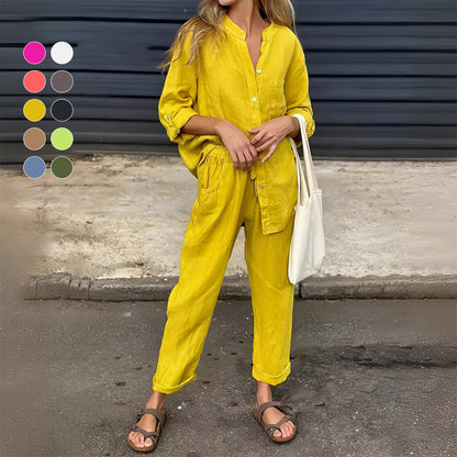 Kvinnors Skjorta och Byxor Avslappnad Bomull och Linne-5