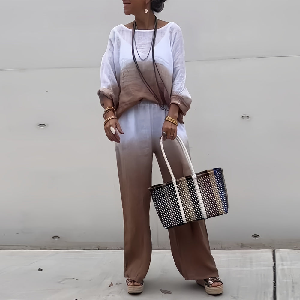 Kvinnors T-shirt och Byxor Färggradient Bomull och Linne-3