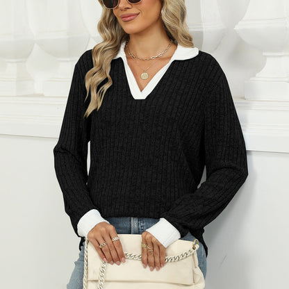 Kvinnors Långärmad T-shirt Revers Polyester Lös Passform-5