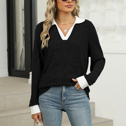 Variant image for Kvinnors Långärmad T-shirt Revers Polyester Lös Passform-1