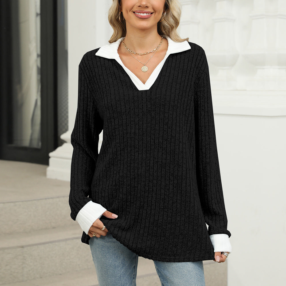 Kvinnors Långärmad T-shirt Revers Polyester Lös Passform-2