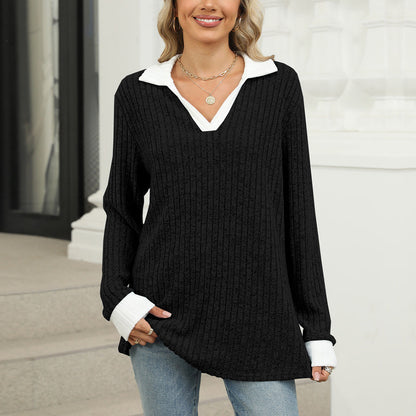 Kvinnors Långärmad T-shirt Revers Polyester Lös Passform-2