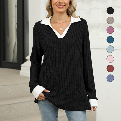 Kvinnors Långärmad T-shirt Revers Polyester Lös Passform-6