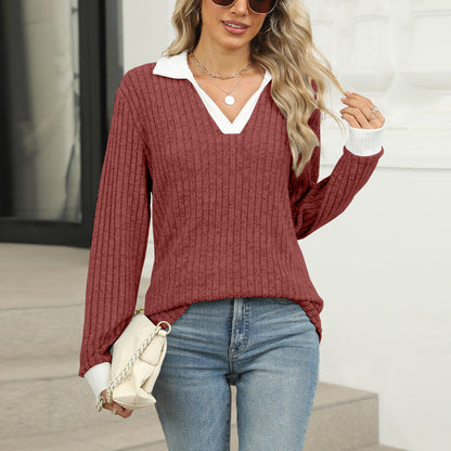 Variant image for Kvinnors Långärmad T-shirt Revers Polyester Lös Passform-16