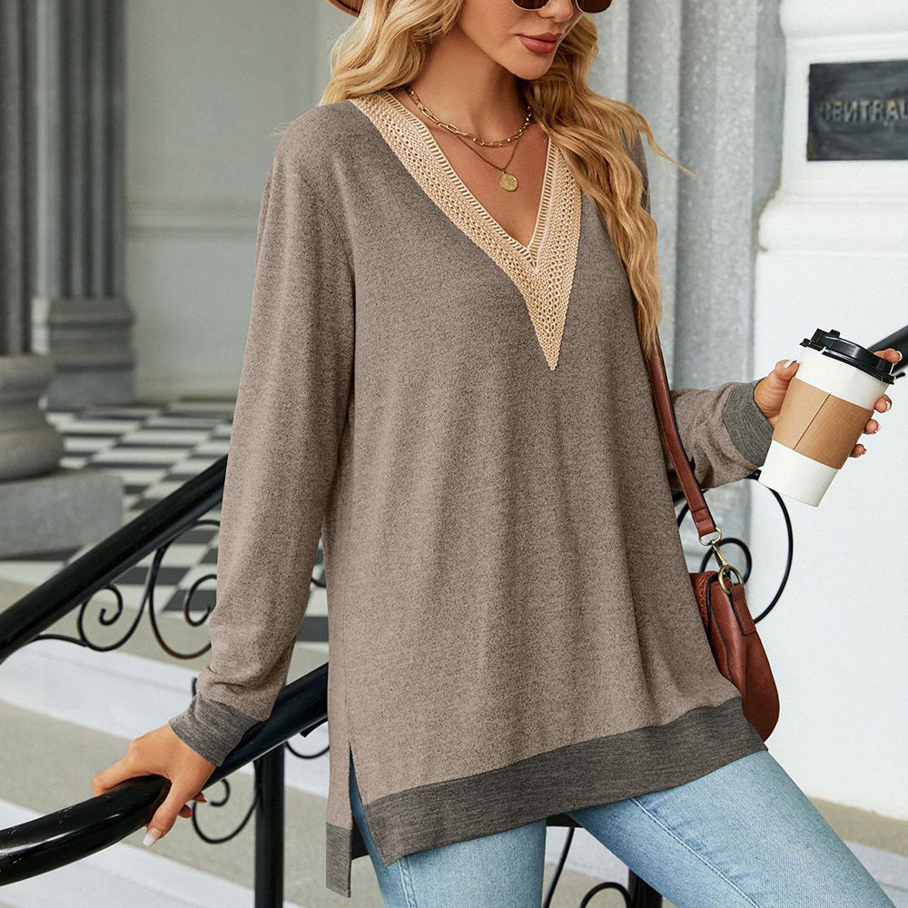 Kvinnors Långärmad T-shirt V-ringning Polyester-6