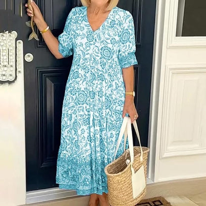 Kvinnors Klänning V-ringning Blommönster Bomull-2