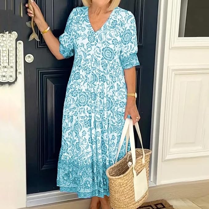 Variant image for Kvinnors Klänning V-ringning Blommönster Bomull-6