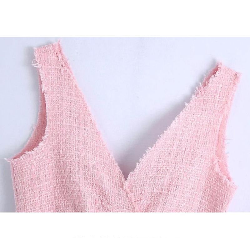 Dam Tank Top V-ringning Rynkad Polyester-3