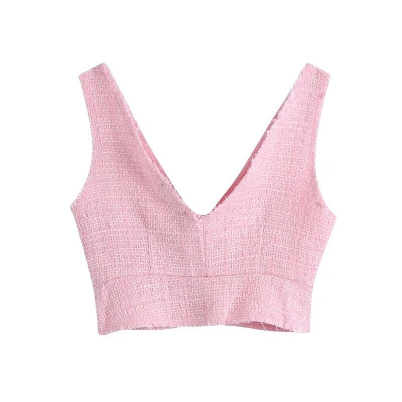 Dam Tank Top V-ringning Rynkad Polyester-2