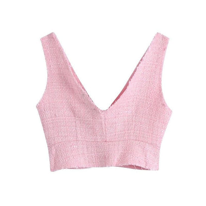 Dam Tank Top V-ringning Rynkad Polyester-2