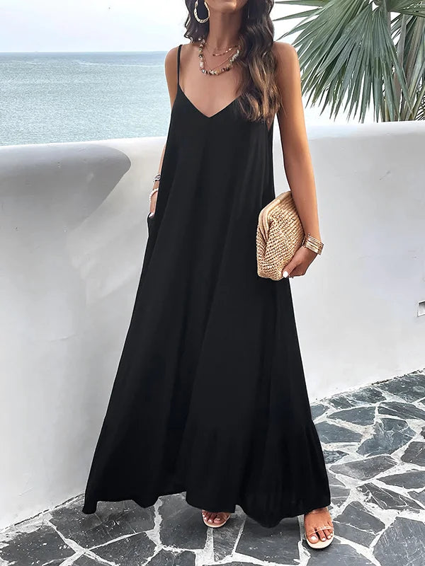 Långklänning Ärmlös Dam Monokrom Flytande Tyg-3