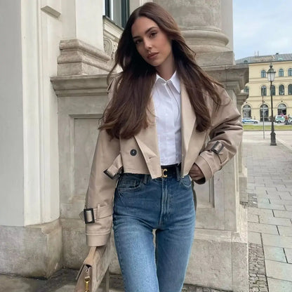 Kort Trenchcoat Dam Avslappnad Stil Högkvalitativt Tyg-3