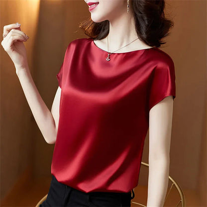 Dam Blus Satin Klassisk O-Hals Lättlös Passform-2