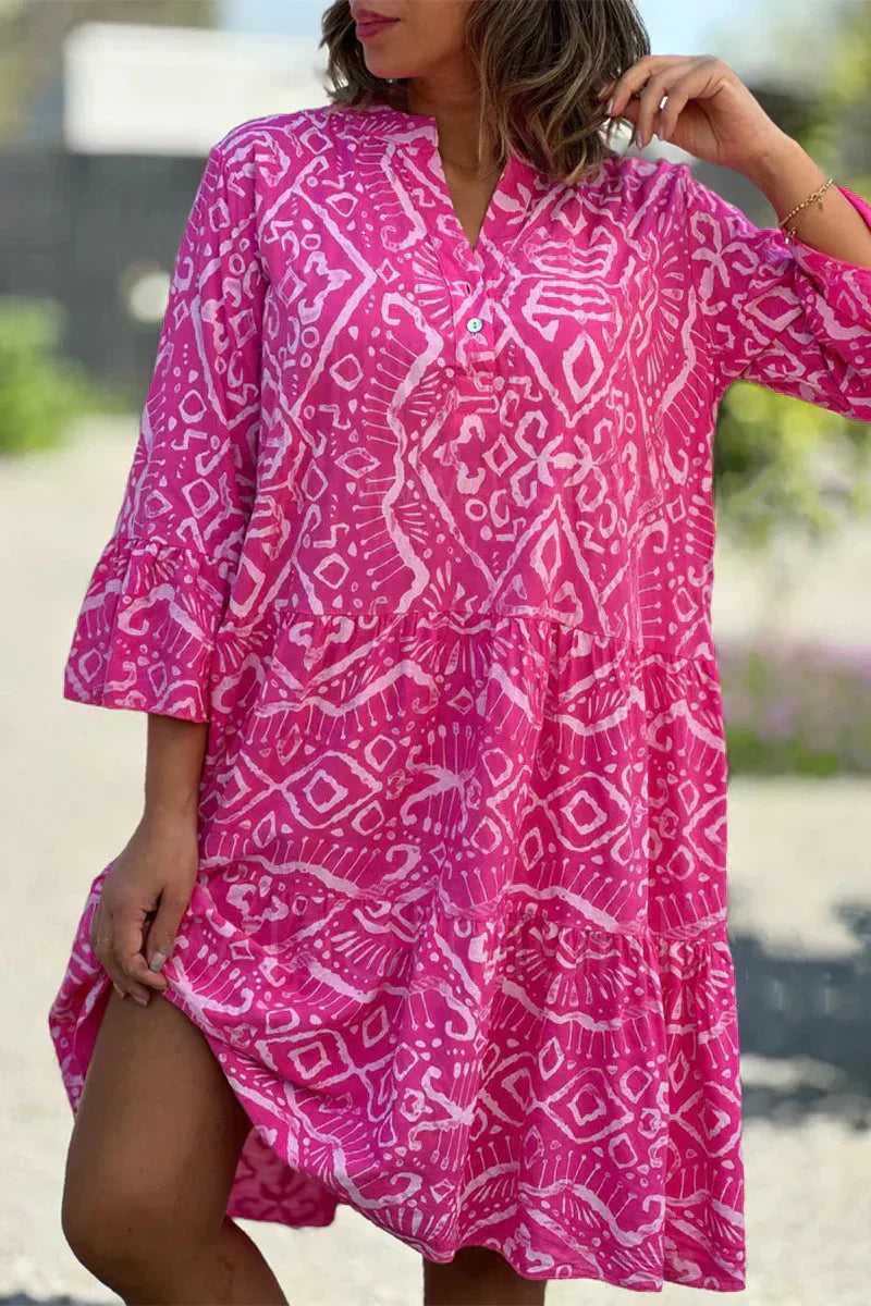 Dam Fritidsklänning Geometriskt Mönster V-ringning Lätta Tyger-1