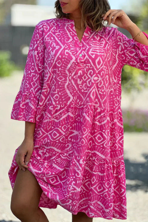 Dam Fritidsklänning Geometriskt Mönster V-ringning Lätta Tyger-1