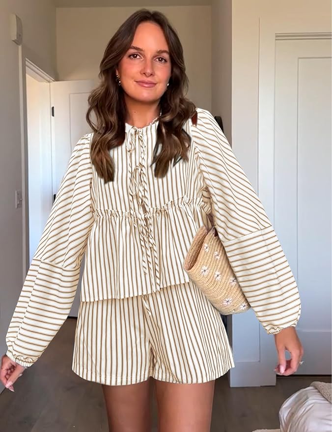 Damset Randig Sommartopp Lätt Bomull och Shorts-1