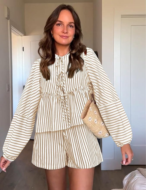 Damset Randig Sommartopp Lätt Bomull och Shorts-1