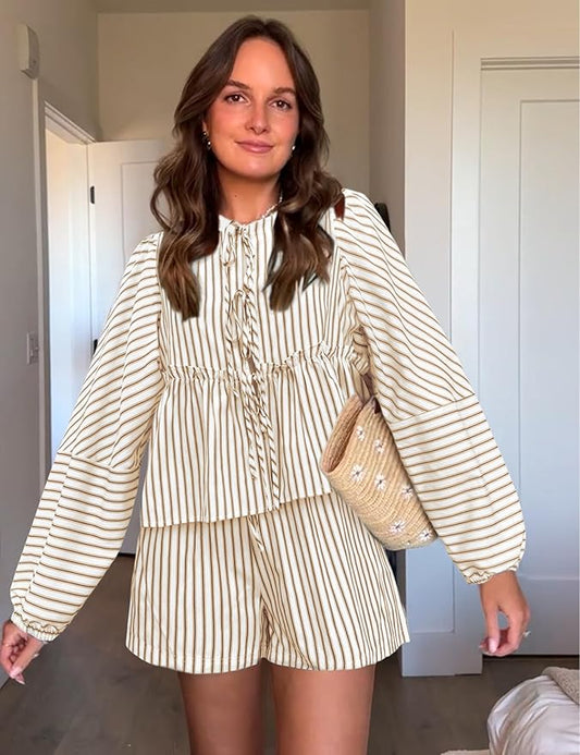 Damset Randig Sommartopp Lätt Bomull och Shorts-1