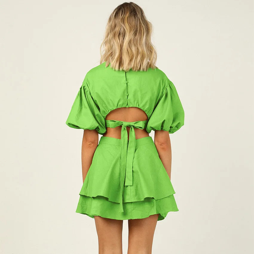 Kvinnors Miniklänning Puffärmar Ruffles Mjuk Bomull-3