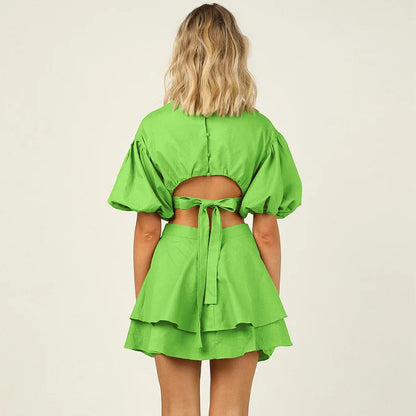 Kvinnors Miniklänning Puffärmar Ruffles Mjuk Bomull-3