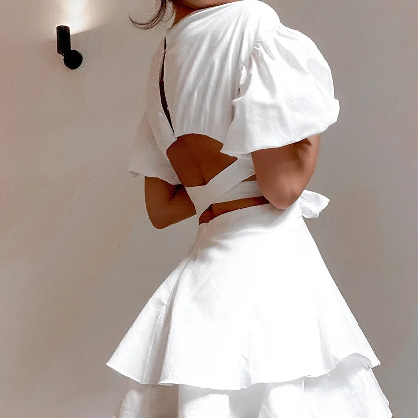 Kvinnors Miniklänning Puffärmar Ruffles Mjuk Bomull-5