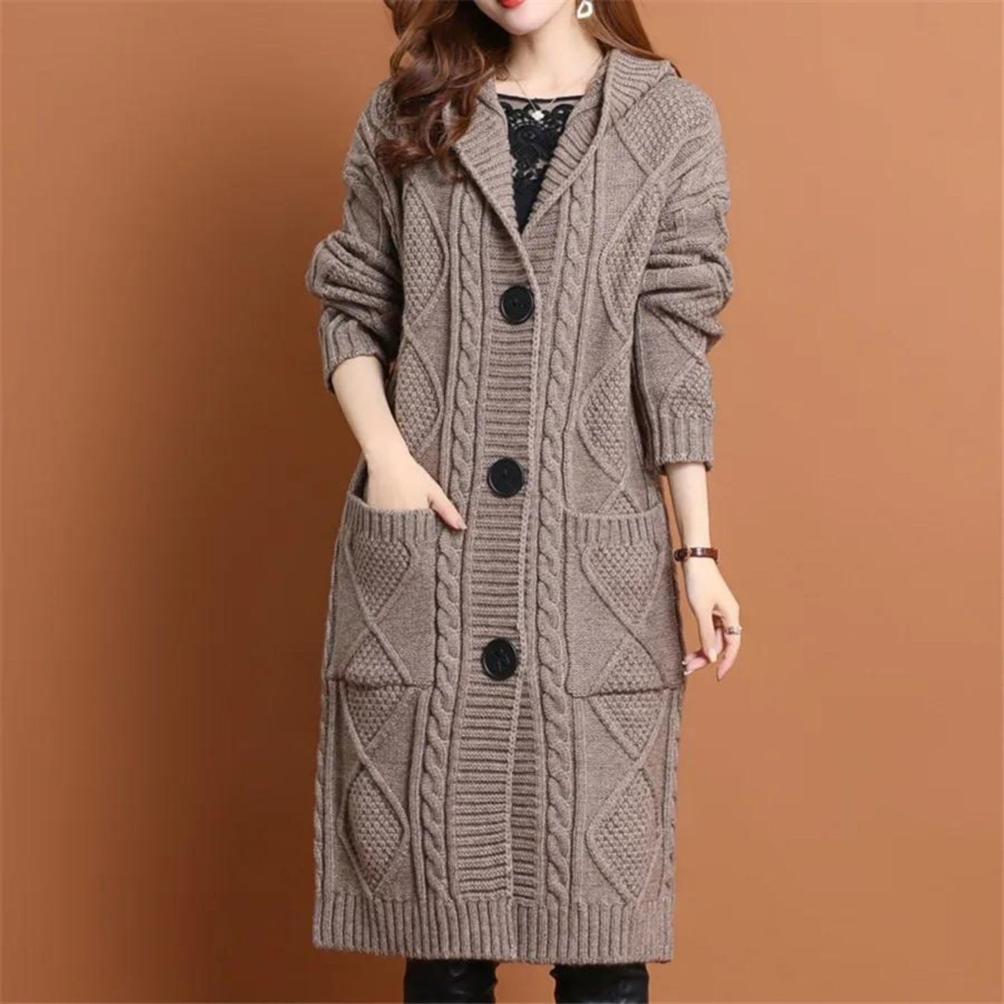 Dam Lång Kofta Stickad Mjuk Akrylblandning Överdimensionerad med Diamantmönster 8