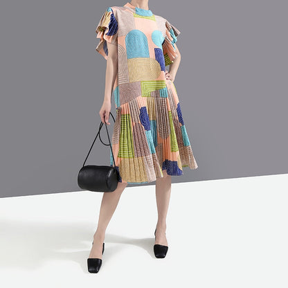 Dam Midiklänning Geometrisk Design med Fjärilärmar i Bomull och Viskos-2