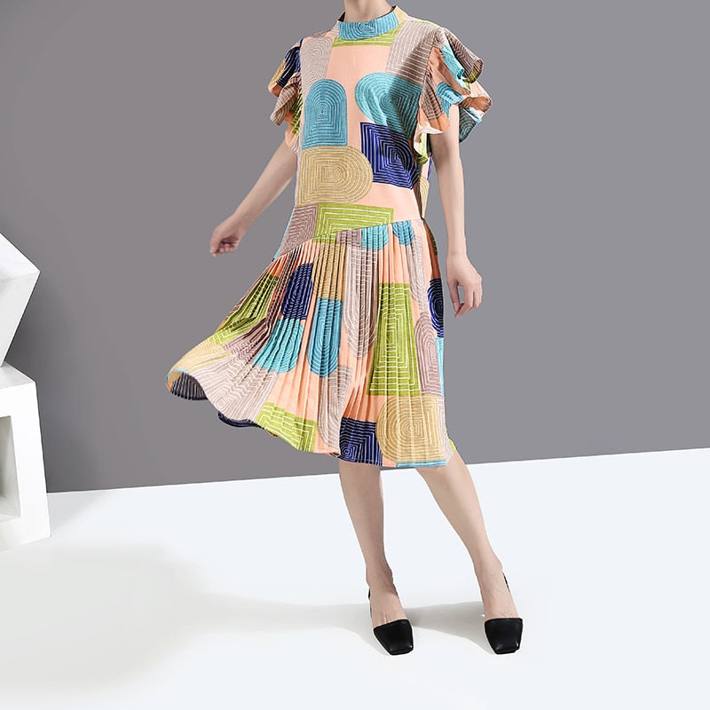 Dam Midiklänning Geometrisk Design med Fjärilärmar i Bomull och Viskos-4