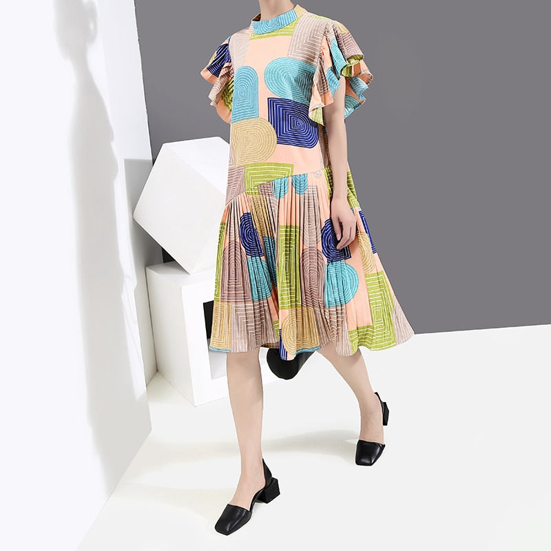 Dam Midiklänning Geometrisk Design med Fjärilärmar i Bomull och Viskos-5